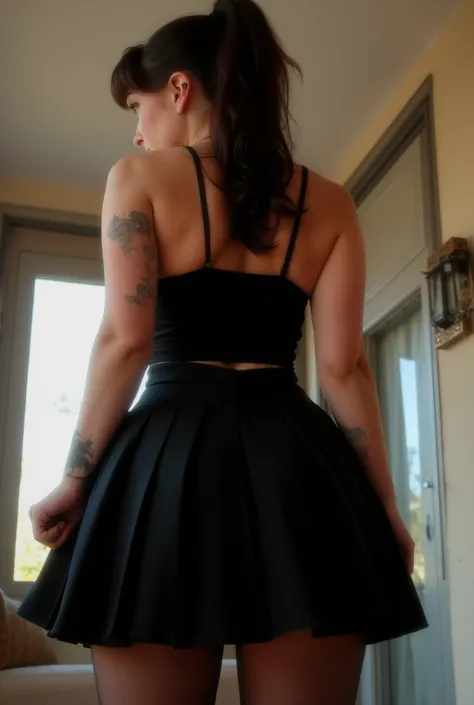 imposing rear-angle portrait of domineering European woman with stout powerful build, wide hips and thick strong legs in authoritative stance, minimal head turn revealing just a glimpse of stern profile with intense sidelong glare, wavy dark brown hair ins...