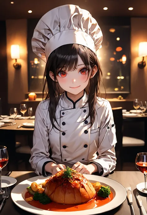 delicious food,Exquisite Dinners,beautiful chef,Stylish Chef Hat,luxury restaurant,when I go to bed,Best Menus,Fine French cuisine,Full course meal,Dishes arranged on the table、meteor、空から降り注ぐmeteor、無数のmeteor群、bright color,beautiful eyes,A delicate smile,Te...