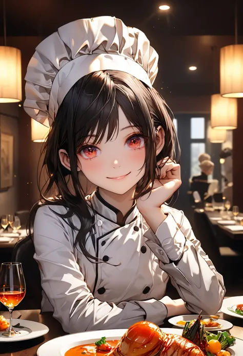 delicious food,Exquisite Dinners,beautiful chef,Stylish Chef Hat,luxury restaurant,when I go to bed,Best Menus,Fine French cuisine,Full course meal,Dishes arranged on the table、meteor、空から降り注ぐmeteor、無数のmeteor群、bright color,beautiful eyes,A delicate smile,Te...