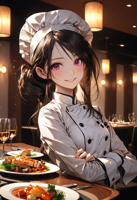 delicious food,Exquisite Dinners,beautiful chef,Stylish Chef Hat,luxury restaurant,when I go to bed,Best Menus,Fine French cuisine,Full course meal,Dishes arranged on the table、meteor、空から降り注ぐmeteor、無数のmeteor群、bright color,beautiful eyes,A delicate smile,Te...