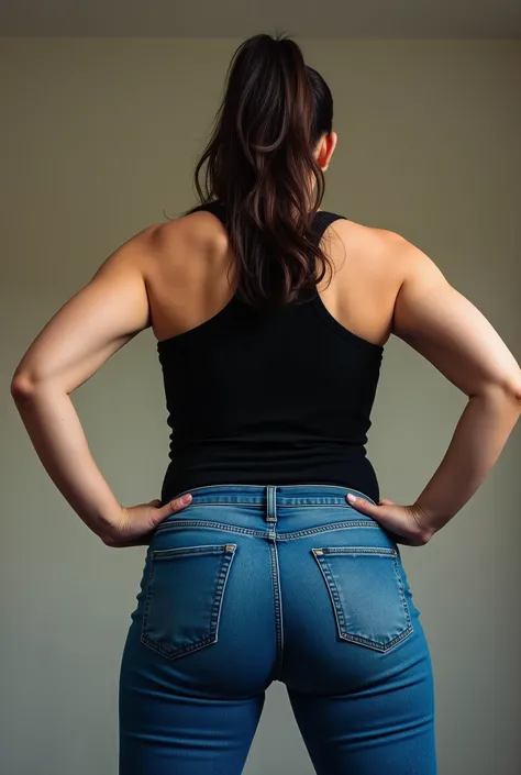 authoritative female figure shot from submissive rear angle, curvy European woman with powerful stature and commanding presence caught in candid moment, hands firmly placed on hips in confrontational posture, athletic silhouette with emphasized wide hips a...