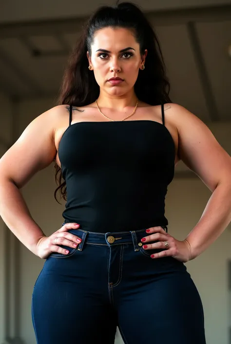 imposing front-angle portrait of domineering European woman with strong curvy build, wide hips and thick toned legs in authoritative stance, candid unposed moment, hands firmly planted on hips in dominant power pose, intense direct gaze with stern expressi...