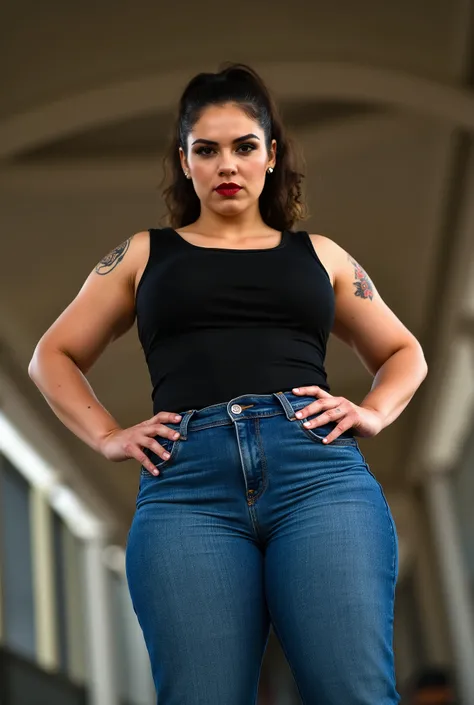 powerful curvy woman photographed from front and below, imposing direct portrait, strong European female with athletic thick legs and defined wide hips, both hands positioned assertively on hips in natural confident stance, form-fitting denim jeans highlig...