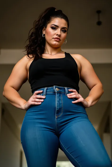 authoritative female figure shot from submissive low angle, curvy European woman with powerful stature and commanding presence caught in candid moment, hands firmly placed on hips in confrontational posture, athletic silhouette with emphasized wide hips an...
