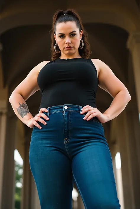 powerful curvy woman photographed from front and below, imposing direct portrait, strong European female with athletic thick legs and defined wide hips, both hands positioned assertively on hips in natural confident stance, form-fitting denim jeans highlig...