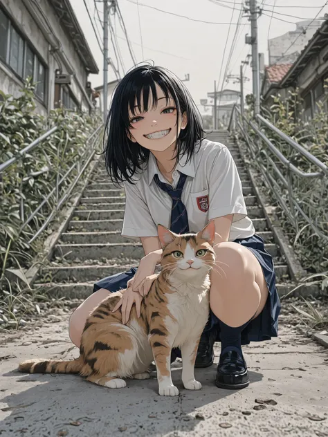 VH3S, NijiDetl, (masterpiece:1.2) ,(ultra quality:1.3) ,(highly detailed), detail face, detail skin, 1girl,, wearing school uniform placing a cat on lawn. Both cat and the girl are looking at viewer with the same evil exaggerated grin, Japan, late spring