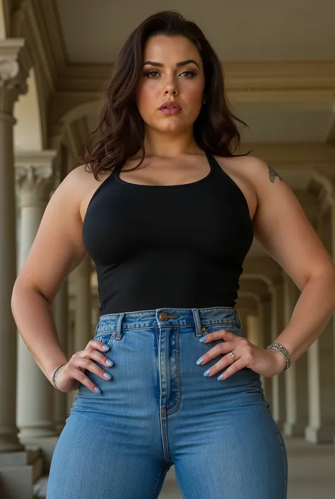 powerful curvy woman photographed from front and below, imposing direct portrait, strong European female with athletic thick legs and defined wide hips, both hands positioned assertively on hips in natural confident stance, form-fitting denim jeans highlig...
