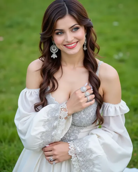 , Full body image of a 20-year-old Indian girl with smiling look, fair skin tone, light grey eyes, fox eyelashes, thin eyebrows, black eye liner, silver eyeshadow, natural blush, and red lipstick. Her hairs are brown, wavy and has an intricate braids on on...