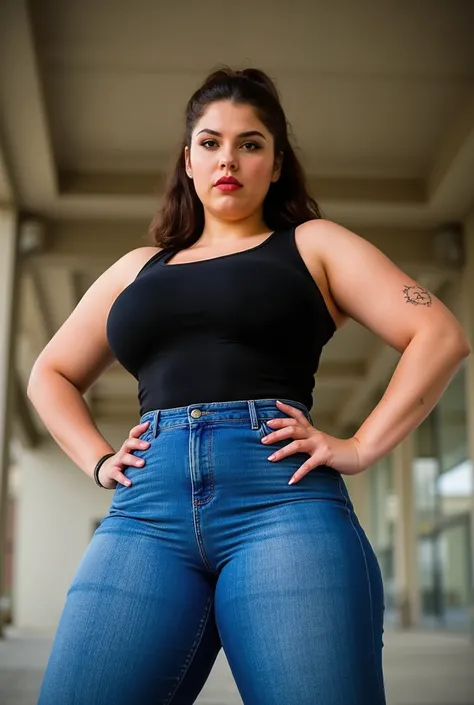 powerful curvy woman photographed from front and below, imposing direct portrait, strong European female with athletic thick legs and defined wide hips, both hands positioned assertively on hips in natural confident stance, form-fitting denim jeans highlig...