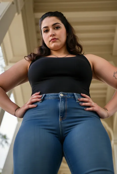 powerful curvy woman photographed from front and below, imposing direct portrait, strong European female with athletic thick legs and defined wide hips, both hands positioned assertively on hips in natural confident stance, form-fitting denim jeans highlig...