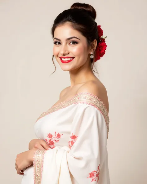 , Full body image of a 20-year-old Indian girl with smiling look, fair skin tone, light grey eyes, fox eyelashes, thin eyebrows, black eye liner, silver eyeshadow, natural blush, and red lipstick. Her hairs are brown, wavy and styled in a sleek pulled-top ...