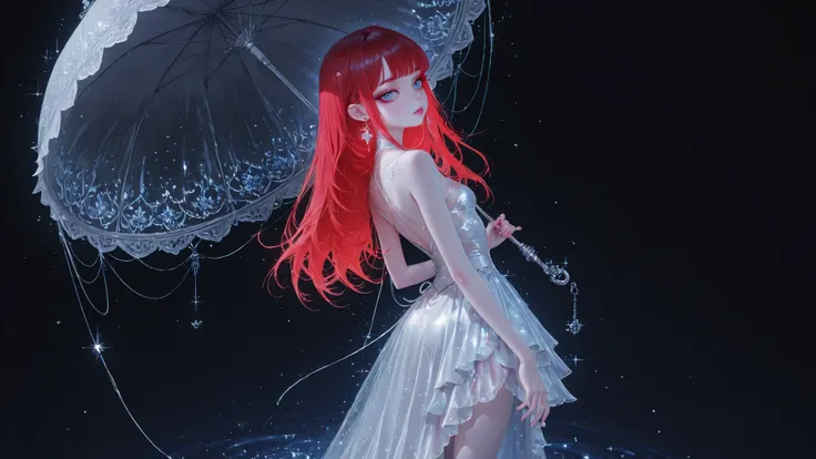 soft ambient shading, perspective, Realistic CGI ) ,Loli Bong Lai JX3, wearing a silk dress (tight-fitting to the feet) lotus white and blue, iron parachute weapon handle (Chinese Parachute, Whole-Body Emitting the White Air of Snow),  beautiful face , cro...