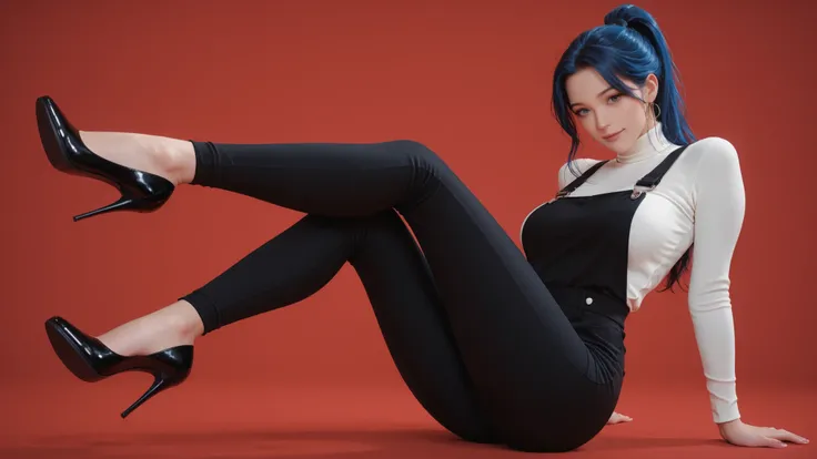 The main subject of the picture is a mature woman with blue hair，High ponytail shape，Wears a white turtleneck hollow top、Sexy black leggings with black and silver stitching high heels，Wear jewelry，The character sits sideways，with one leg bent to support th...