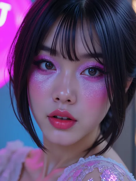 80’s glam rock makeup on shiny android face, look like asian muscle pretty idol, anime, 2.5D, Glittery face, moody lighting, (purples, pinks, and blues), iridescent face, abstract ai model, pretty, sexy, minimal, sleek, slender, asian, elegant, chic, futur...
