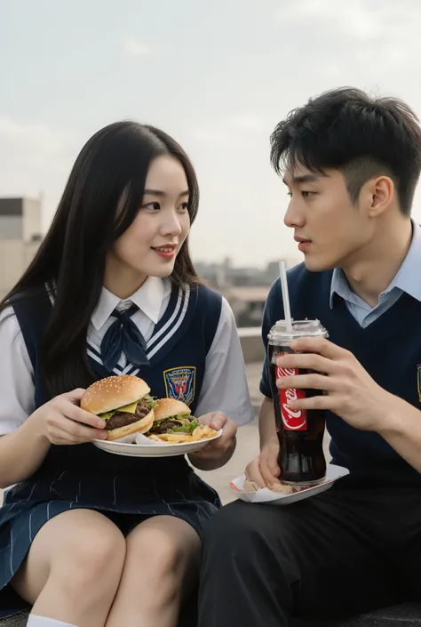 foto documental, foto-realista, dramatic scene, uma linda garota (muito bonita, sexy, cabelo negro longo, pele clara, rosto atraente, perfect asymmetric body, seios grandes, cintura fina, wearing traditional school uniform with short skirt, blusa branca, g...