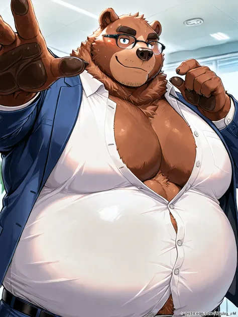 furry male bear,big fat dad, eyes glasses,Reaching for glasses, unbuttoned office uniform, open jacket, , soft smile, obese, overweight, big chest,HD,8K