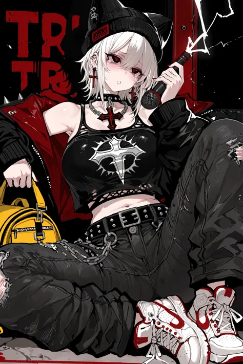 High-resolution, ultra-fine, highly detailed depiction of a stylized character in an edgy, punk-rock aesthetic with exaggerated proportions. The figure has spiky white hair with a dark gray/black beanie or winter hat. Face is partially obscured with minima...