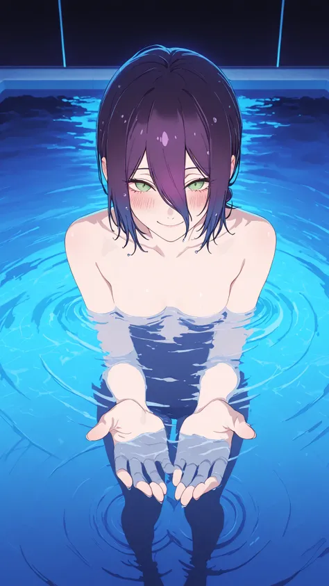 super high resolution on a pile,1girl,reze,Bewitching Woman Bathing in an Indoor Pool at Night,naughty face,Smile,Blush,fascinated expression,standing up from the surface of the water,ripples spreading on the surface of the water,wet hair,Shining Shoulders...