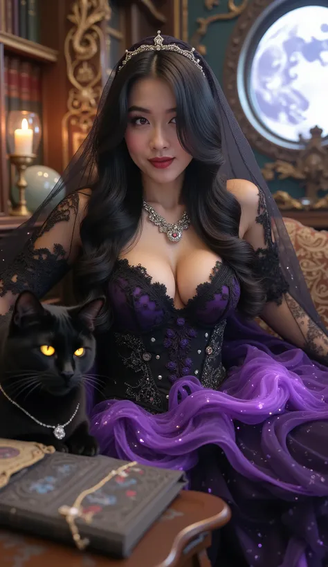 masterpiece, Ultra HD, top quality sexy young witch, long black hair, Purple Eyes, seductive face, Sensual smile,
Big Breasts, deep black corset dress showing deep breasts {x},
waist accentuating silhouette, The lace decoration , Sparkling Jewel Embellish...