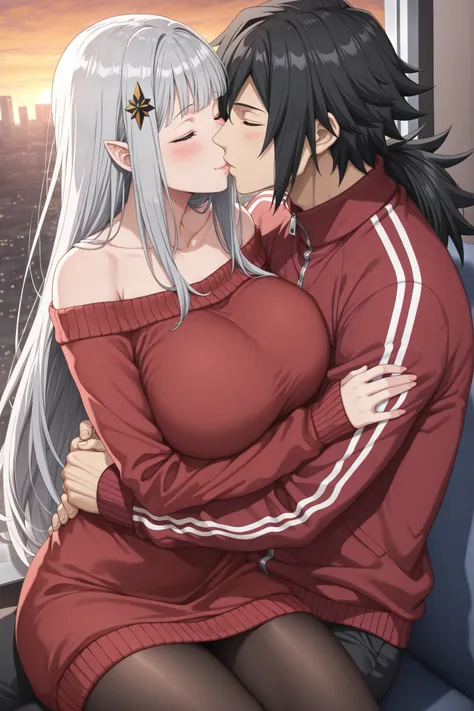 newest , masterpiece , anime screencap , anime coloring , Solo, long dress, Satella, Anime, 1girl, Mature Female, pointy ears, hair ornament, blush, silver hair, long hair, closed mouth, lips, close eyes, huge breasts, view detailed body, ((off shoulder , ...