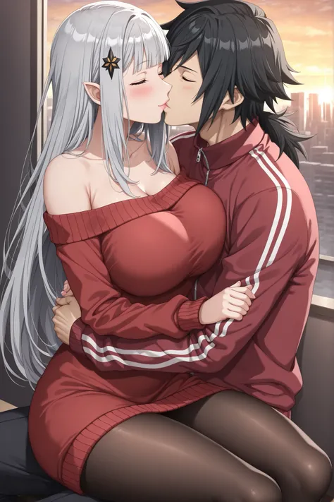 newest , masterpiece , anime screencap , anime coloring , Solo, long dress, Satella, Anime, 1girl, Mature Female, pointy ears, hair ornament, blush, silver hair, long hair, closed mouth, lips, close eyes, huge breasts, view detailed body, ((off shoulder , ...