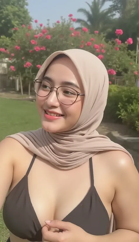 girl in hijab, show bra, (medium tits), smiling, laughing, lips, holding phone, taking perfect selfie, detailed facial features, cute expression, bright lighting, beautiful scenery, outdoor garden, lush greenery, colorful flowers, soft focus, high quality,...