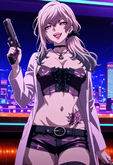 Akudama Drive（doctor）slender、nail polish, ear piercing, long hair, , lipstick, Hot girl, baddie,, sensual, attractive ,choker , cross necklace, thighhighs, shorts, belt, labcoat, cleavage, jewelry, necklace, nail polish, corset,bar background, inside bar, ...