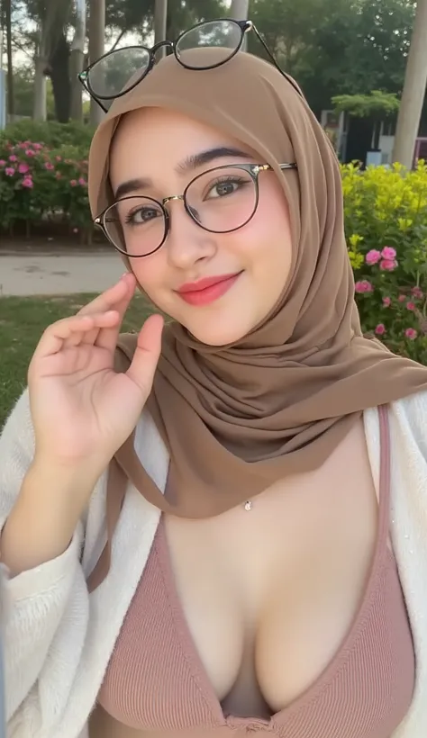 girl in hijab, show bra, (medium tits), smiling, laughing, lips, holding phone, taking perfect selfie, detailed facial features, cute expression, bright lighting, beautiful scenery, outdoor garden, lush greenery, colorful flowers, soft focus, high quality,...
