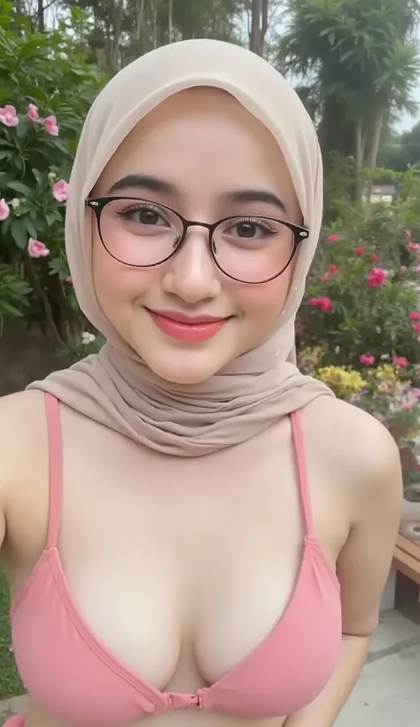 girl in hijab, show bra, (medium tits), smiling, laughing, lips, holding phone, taking perfect selfie, detailed facial features, cute expression, bright lighting, beautiful scenery, outdoor garden, lush greenery, colorful flowers, soft focus, high quality,...