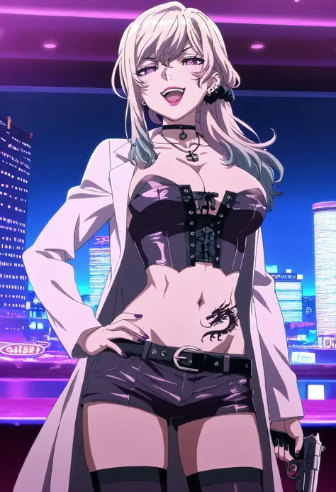 Akudama Drive（doctor）slender、nail polish, ear piercing, long hair, , lipstick, Hot girl, baddie,, sensual, attractive ,choker , cross necklace, thighhighs, shorts, belt, labcoat, cleavage, jewelry, necklace, nail polish, corset,bar background, inside bar, ...