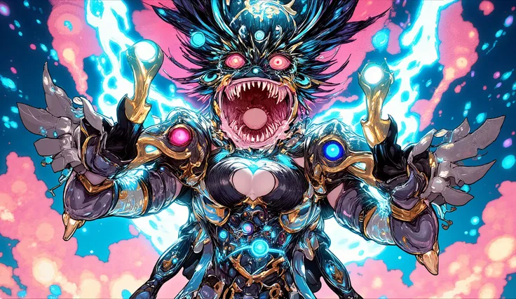 Anime oni beauty shouting amid lightning and fire.
Her eyes blaze red, mouth open mid-roar — death growl energy.
Black armor glowing with magical sigils. Dynamic camera motion, strong highlights.
