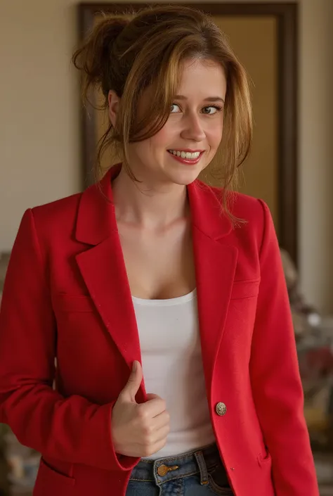 (((HD photo))), ultra high res.photorealistic:. 1.4, UHD, masterpiece, trending on artstation, one girl, ((full body)), Jenna Fisher, Pam Beasly, a young woman with brown hair, wearing a red jacket, wearing blue jeans, wearing white t-shirt, 20 years old, ...