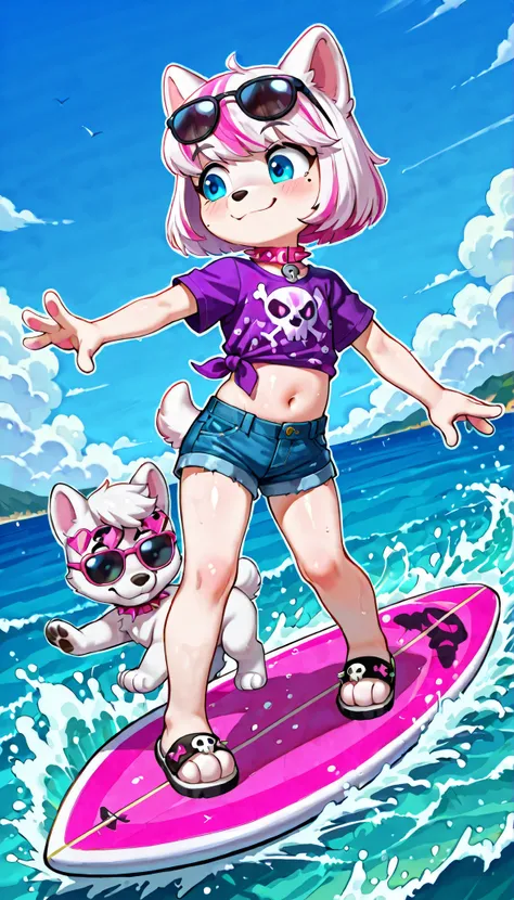 score_9, score_8_up, score_8, source_cartoon, source_furry, 1girl, solo, alone, 1 character, Roxi(PP), (solo), 1girl, anthro, lolicon, dog girl, samoyed, white fur, pink and white hair, bangs, bob cut, short tail, blue eyes, mole on left cheek, cute face, ...