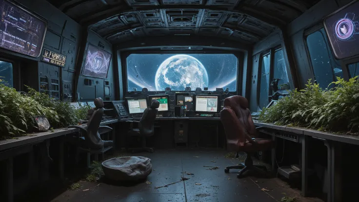 Interior of an abandoned space station command center with Earth visible through a panoramic viewport, emergency power casting eerie blue light across dead control panels. Holographic displays flicker with distorted warning messages, chairs overturned, per...