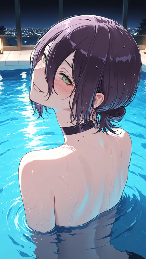 super high resolution on a pile,1girl,reze,Bewitching Woman Bathing in an Indoor Pool at Night,naughty face,Smile,Blush,fascinated expression,Tilt your neck, sit by the pool and look back,Countless reflections of light spreading on the surface of the water...