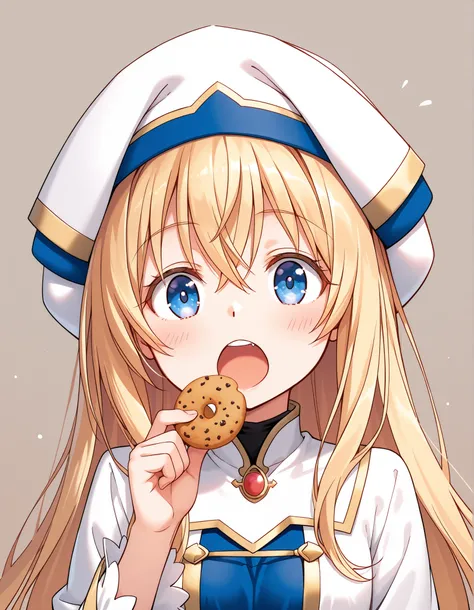 1girl, priestess_\(goblin_slayer!\), open_mouth, eating a cookie, general