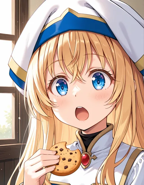 1girl, priestess_\(goblin_slayer!\), open_mouth, eating a cookie, general