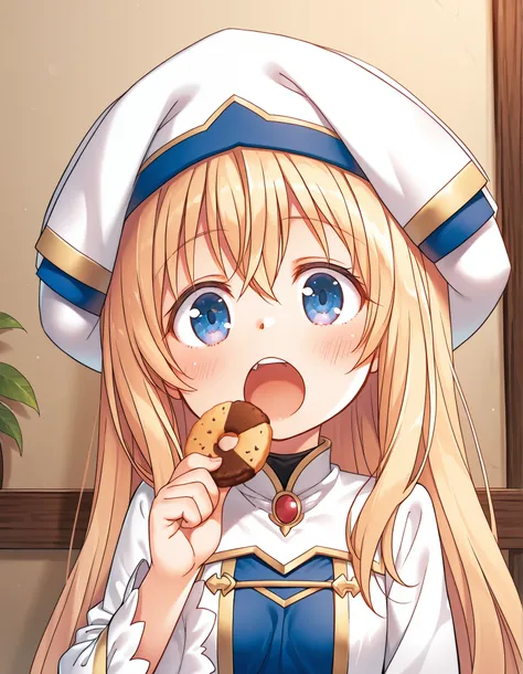 1girl, priestess_\(goblin_slayer!\), open_mouth, eating a cookie, general