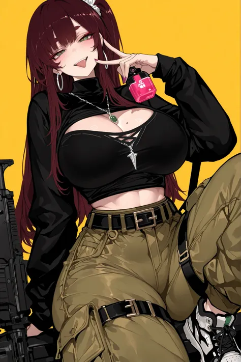 High-resolution, ultra-fine, highly detailed depiction of a tall, curvy young woman with a slim waist, wide hips, thick thighs, and very large bust. She has long dark brown/maroon hair styled with volume and a small black curl or strand sticking up at the ...