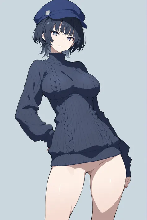Ushiki，dark blue turtleneck knit sweater，Blue cap hat，no panties，bottomless，wolf cut hairstyle,tsurime,Outer Hane Hairstyle,