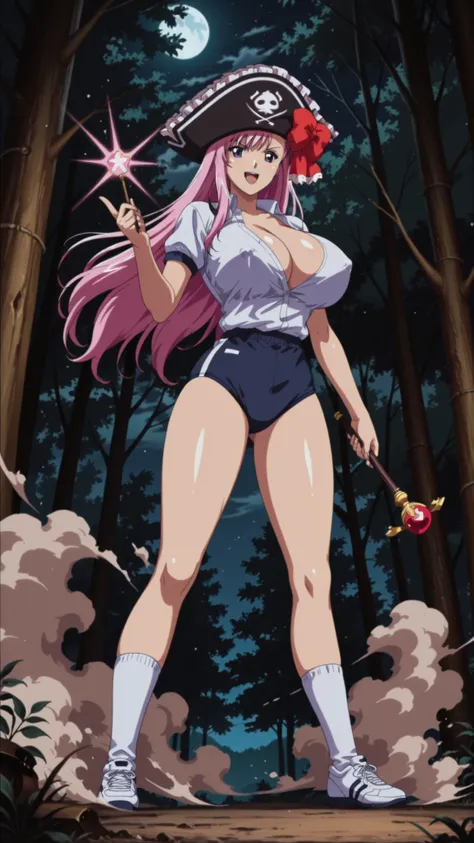 Masterpiece, high quality, high definition, 1990s retro anime style, glossy skin, Captain Liliana holding a wand and casting a spell, one woman, pink hair, long hair, pirate hat, fearless smile, white gym uniform with an open collar on the upper body, huge...