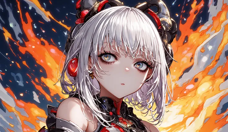 Close-up anime shot of a white-haired female oni with glowing crimson eyes, rising from flames.
Black and red armor, curved horns, sparks and ashes around her.
Expression: fierce yet sorrowful. Cinematic lighting, dark fantasy style.