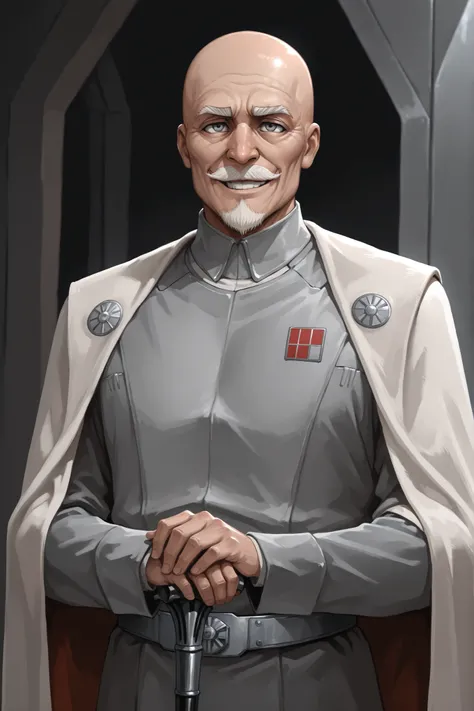 Masterpiece, 1male, Solo, elderly, Star Wars, round face, grey eyes, bald, white bushy eyebrows, sloped nose, small white mustache and goatee, grey Imperial general’s uniform, smiling, holding gentleman’s cane, cape, standing, upper body shot, Bleach art s...