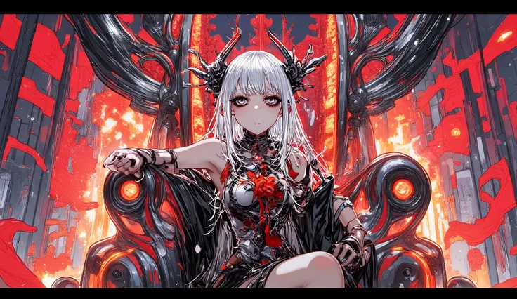 Anime-style portrait of a beautiful female oni sitting on a dark obsidian throne surrounded by fire and crimson mist.
She has long white hair, glowing red eyes, and elegant black and red armor with intricate patterns.
Two curved horns rise from her head.
H...