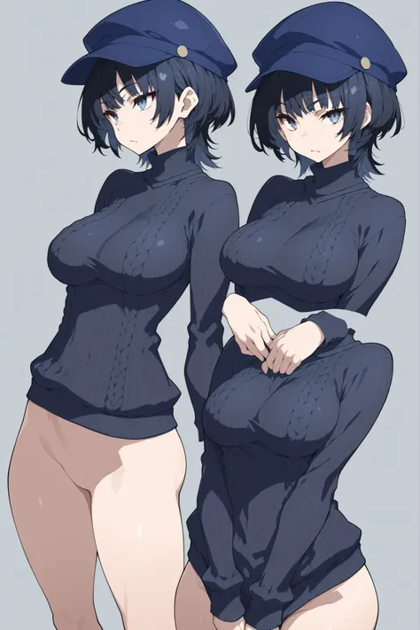 Ushiki，dark blue turtleneck knit sweater，Blue cap hat，no panties，bottomless，wolf cut hairstyle,tsurime,Outer Hane Hairstyle,