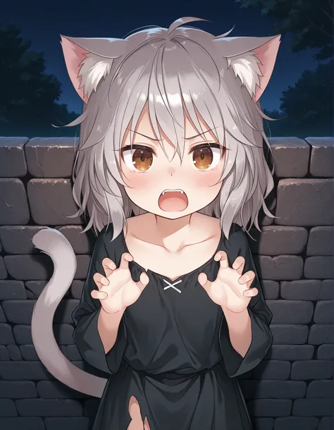,, 1girl, petite, (skinny and frail:0.7), cat girl, against wall, stone wall, brown eyes,looking at viewer, grey hair, medium hair, messy hair, angry, (scared:0.4), (open mouth:0.5), fangs, hands up, (tearing up:0.5), tail raised, torn clothes, straight-on...