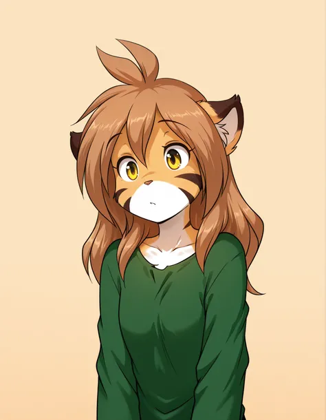 ,, furry, solo, flora-twokinds, flora_twokinds,, tiger, striped fur, keidran, yellow eyes, anthro, simple background,,, green shirt