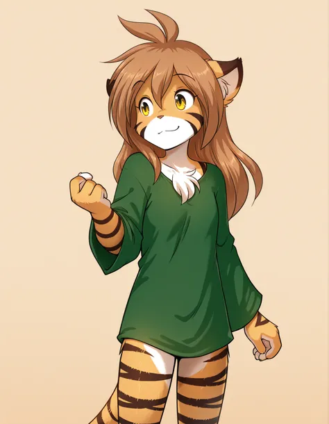 ,, furry, solo, flora-twokinds, flora_twokinds,, tiger, striped fur, keidran, yellow eyes, anthro, simple background,,, green shirt