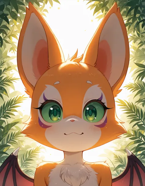 ,, masterpiece, best quality, very aesthetic, (1girl:0.7),, (solo:1.3), furry, fidget \(elysian tail\), nimbat, fidget_daet, anthro, furry female, wings, tail, green eyes, colored sclera, bat wings, facial markings, orange fur, white fur, two-tone fur,memb...