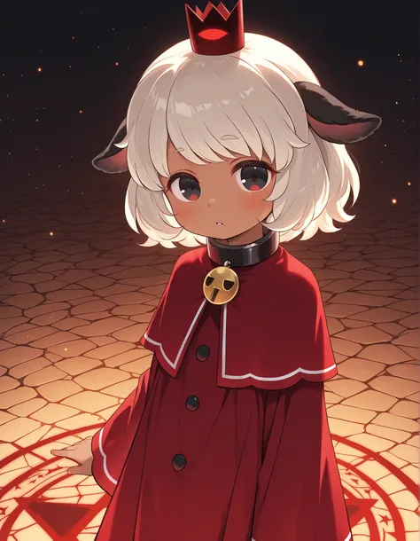 , masterpiece, best quality, very aesthetic, 1girl, solo, cult of the lamb, sheep girl, collar, horizontal pupils, red/black eyes, red crown,
